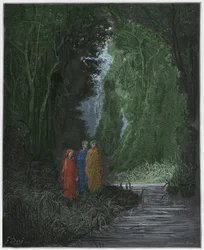 Purgatorio, Canto 28: Dante, Virgil, and Statius in the ancient forest of the terrestrial paradise (illustration from The Divine Comedy)